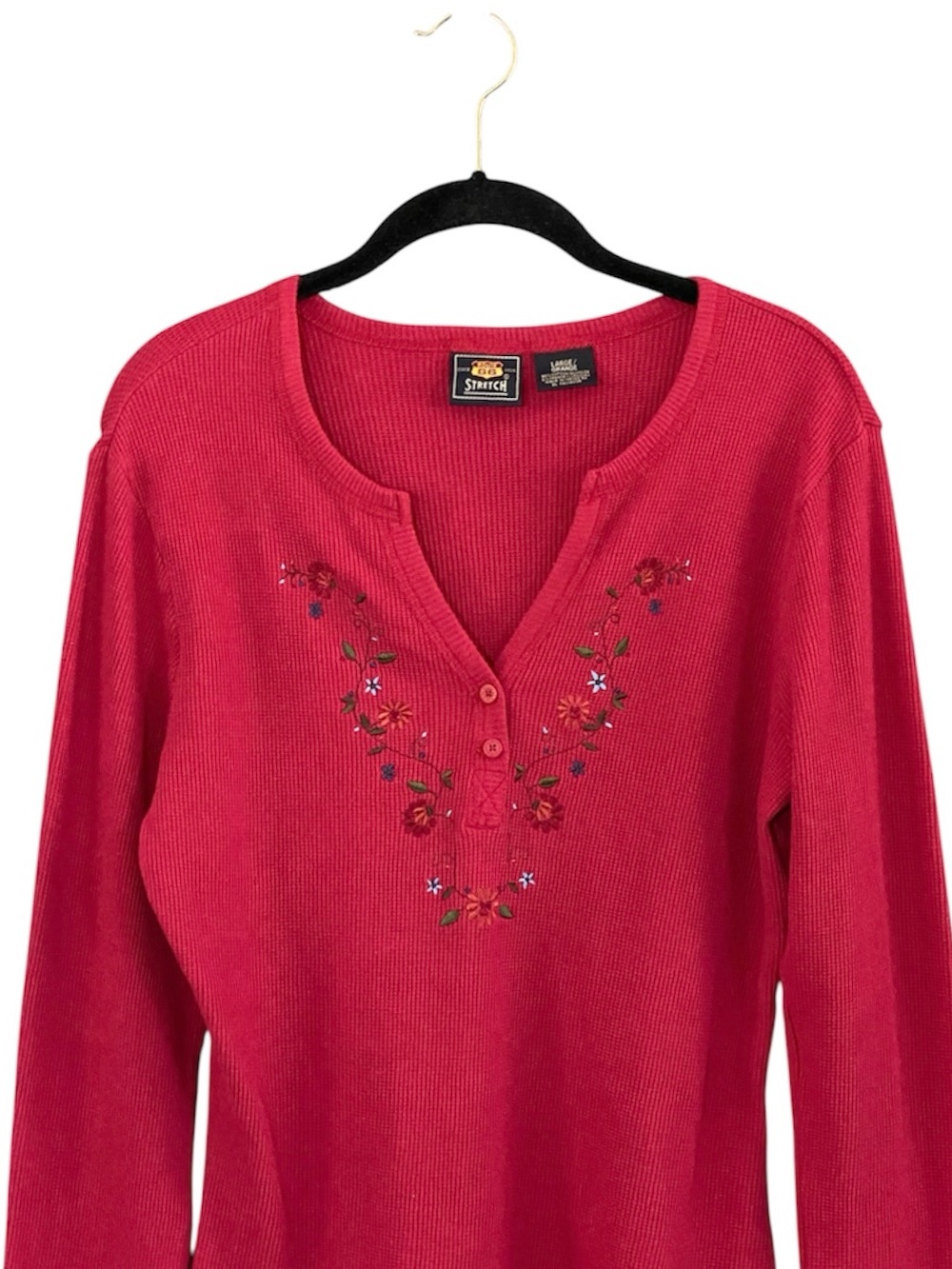 Y2K Red Floral Embroidered Henley Thermal Shirt L Long Sleeve Fairy Grunge Boho - Picture 3 of 9